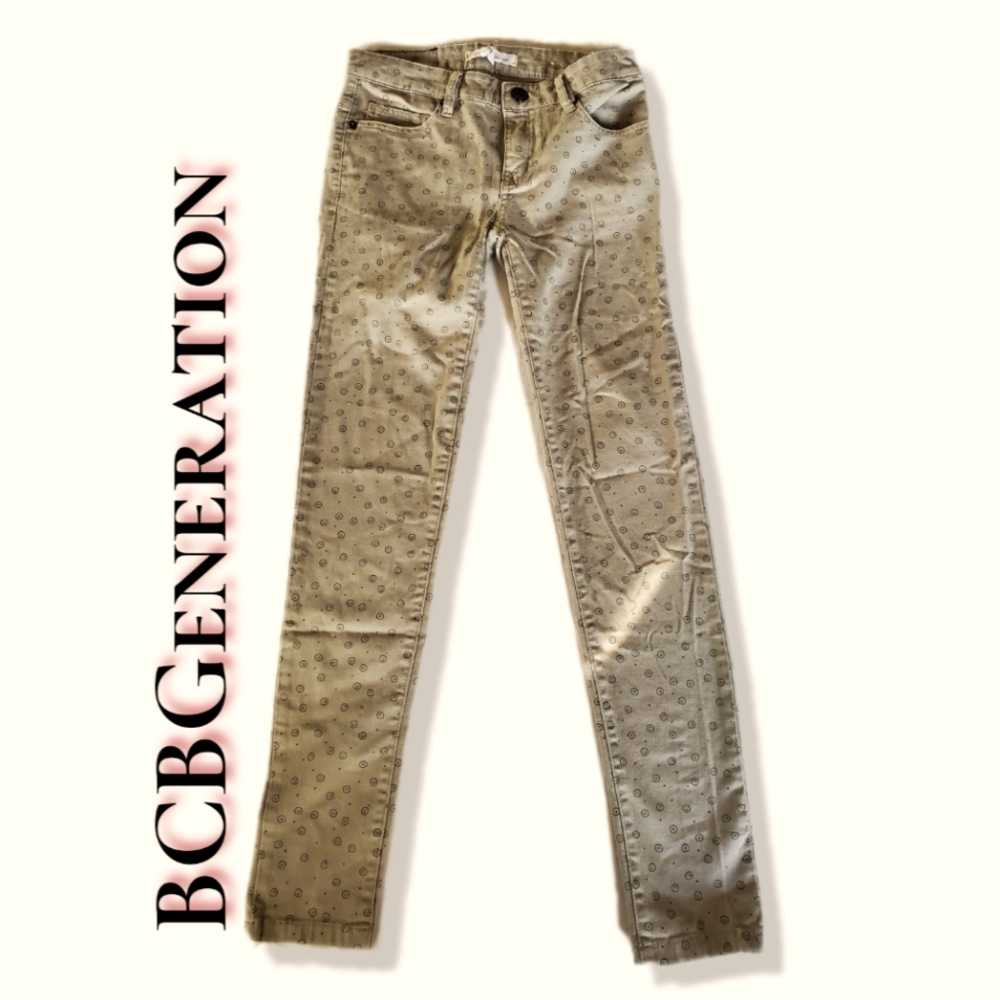BCBGeneration Womens Smiley Emoji Skinny Stretch Khaki Tan Pants Cotton Size 24